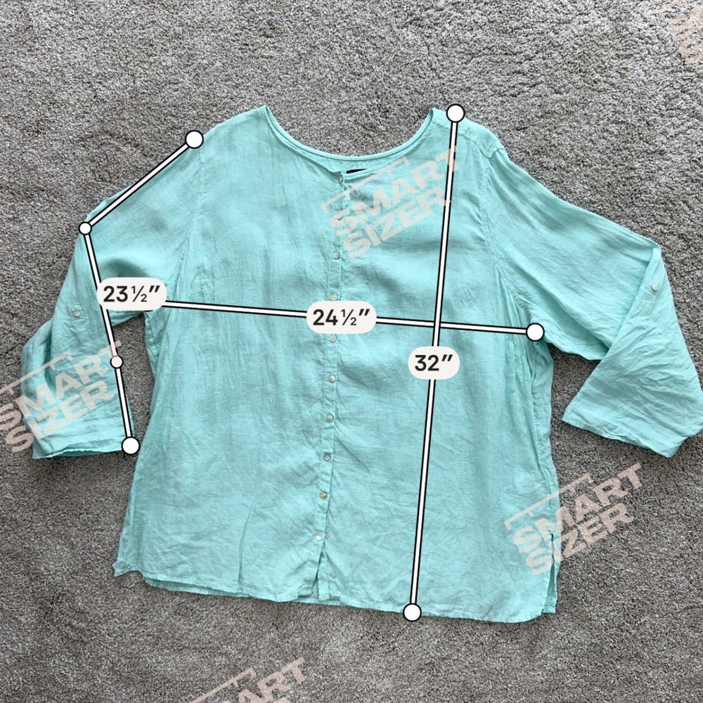 Tahari Womens 3X Mint Green 100% Linen Button Down Roll Tab Sleeve Blouse Top - Picture 2 of 7